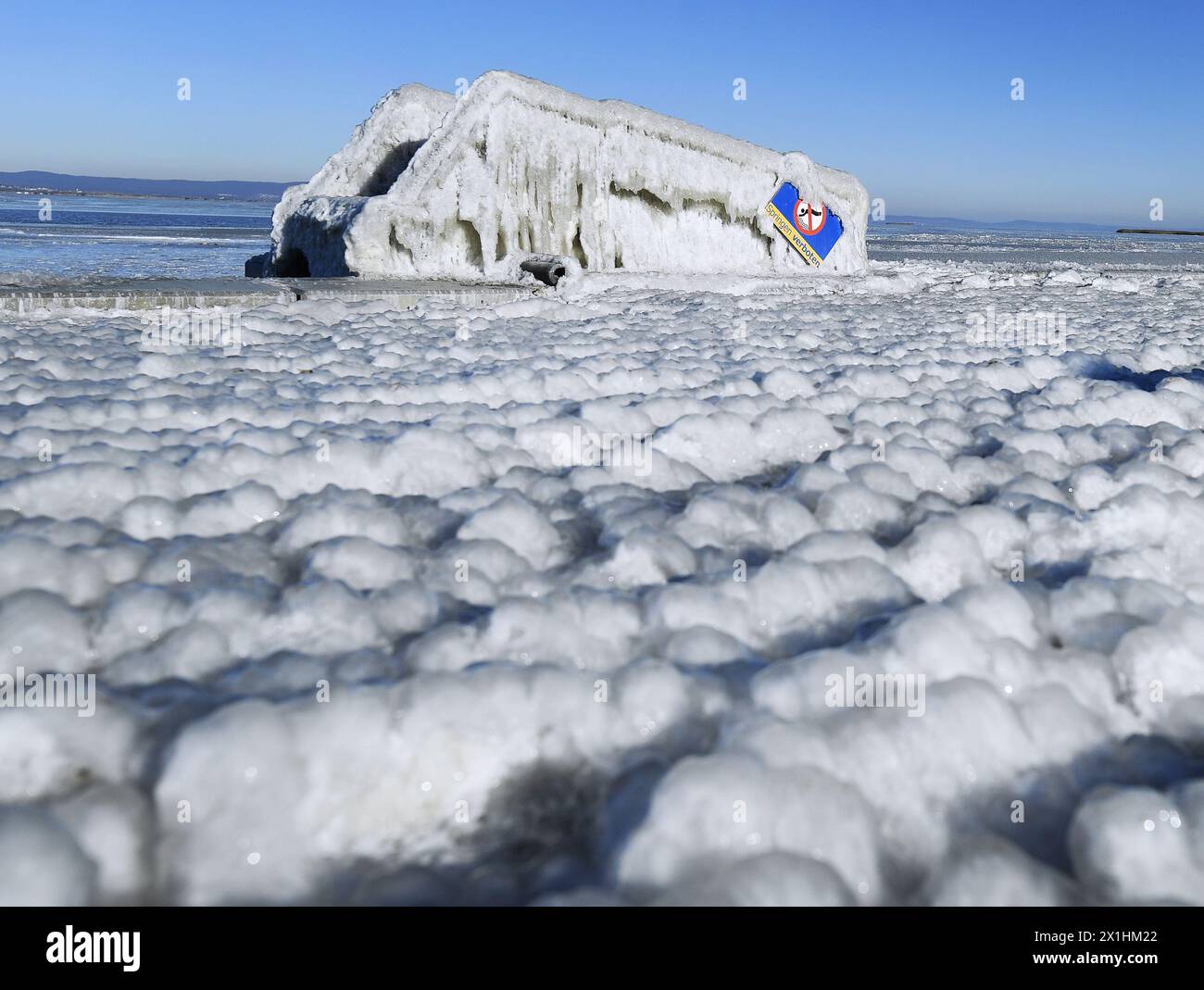 Gefroren durch den kalten Wind am Montag, 15. Februar 2021, am Neusiedler See bei Illmitz. Letztes Wochenende herrschte in Österreich die Eiszeit weiter - 20210215 PD4455 - Rechteinfo: Rights Managed (RM) Stockfoto