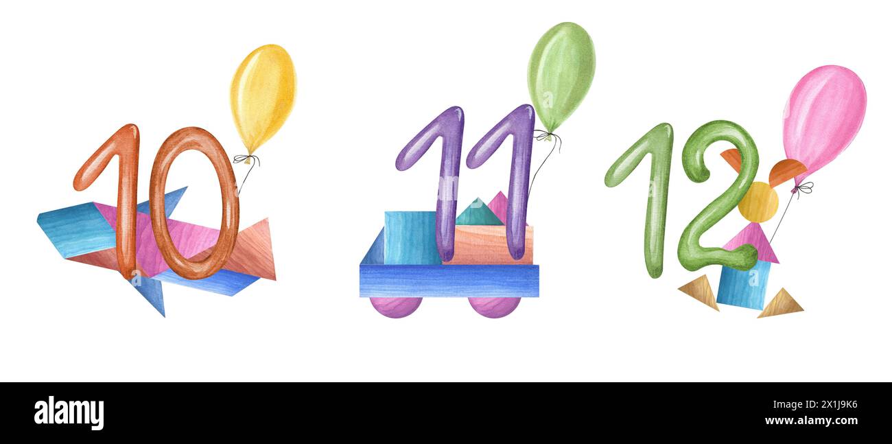 Zahlen von 10 bis 12 mit Kinderspielzeug und Farbballons. Hölzerner Zug, Auto, mit Tieren dekorierter Ballon und Nummer. Aquarellabbildung Stockfoto
