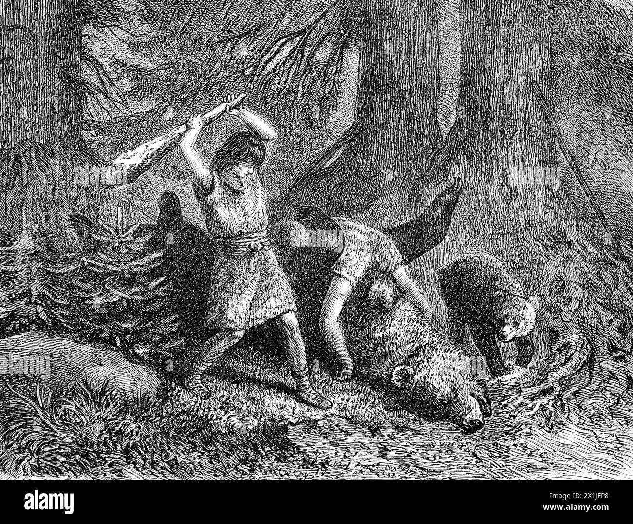 Bärenjagd und -Tötung in Zeiten Germaniens, historisches Bild 1880 Stockfoto