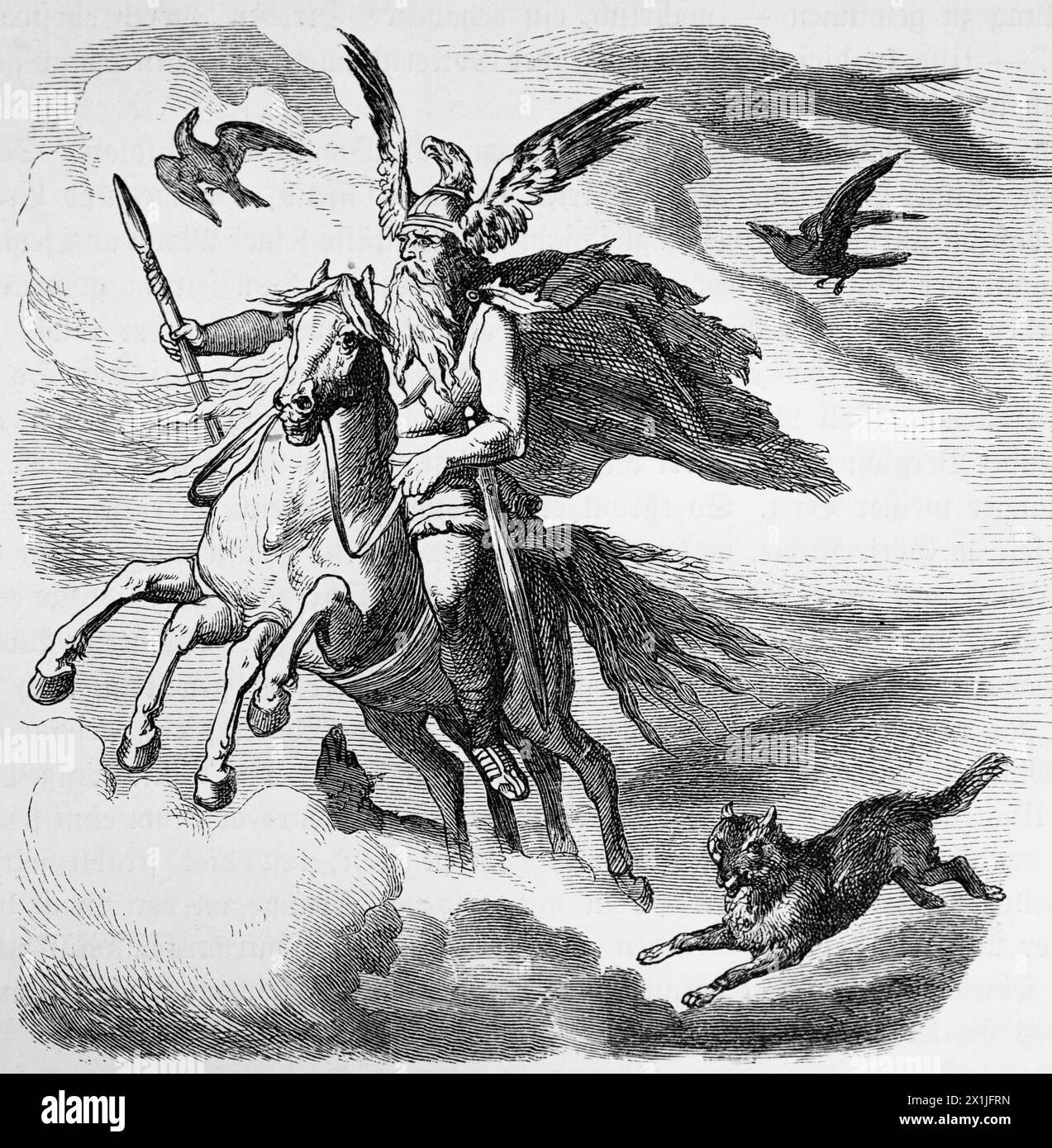 Wodan oder Odin, Vater der Götter, nordische Mythologie, reiten auf seinem Pferd, historische Illustration 1880 Stockfoto