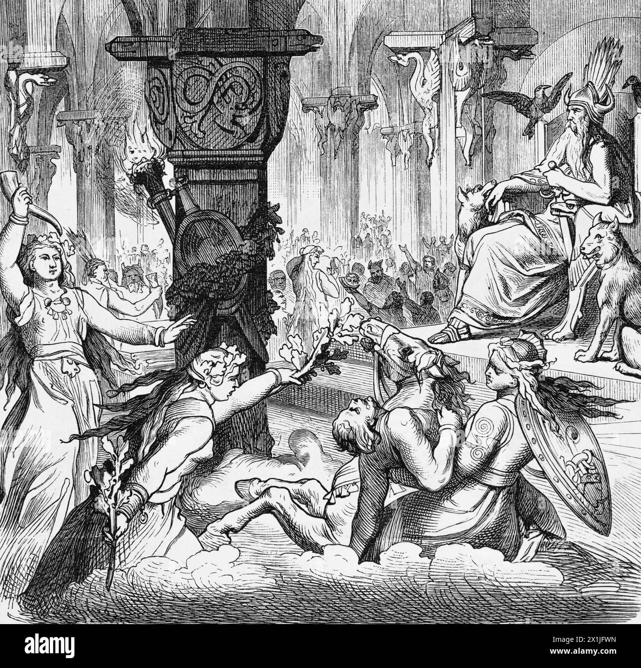 Valhall oder Valhalla, nordische Mythologie, historische Illustration 1880 Stockfoto