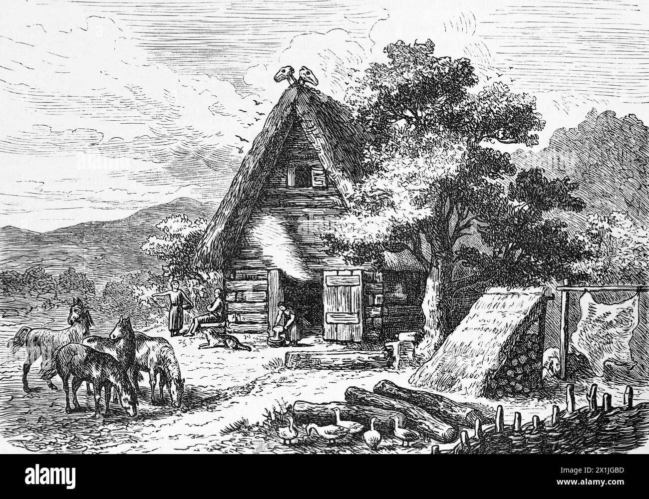Mittelalterliche Bauern und ihr Bauernhaus im Mittelalter, Kaiser Heilig Römisch, historische Illustration 1880 Stockfoto