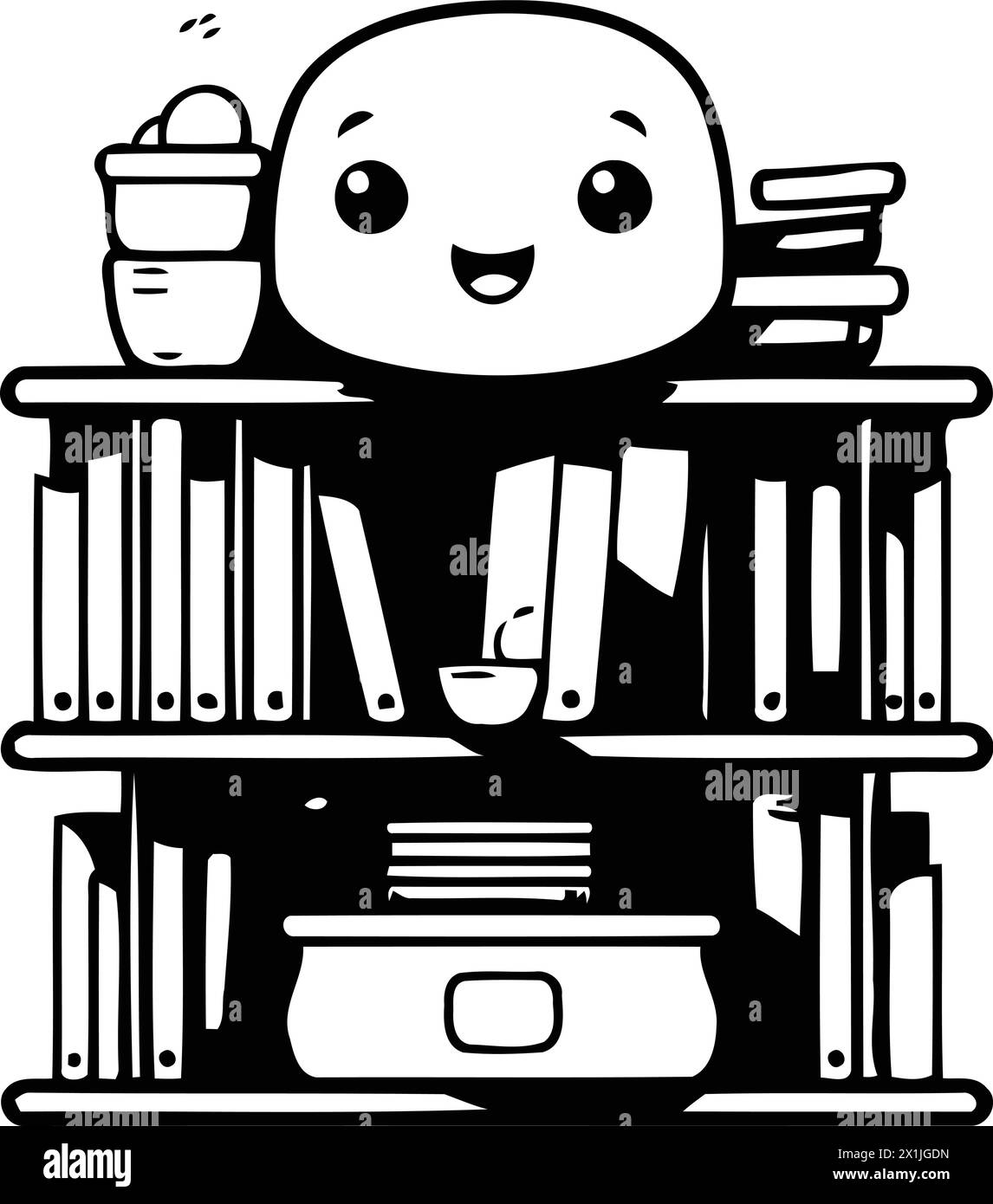 Niedliches Bücherregal mit lustigem Buchcharakter. Vektor-Zeichentrick-Illustration. Stock Vektor