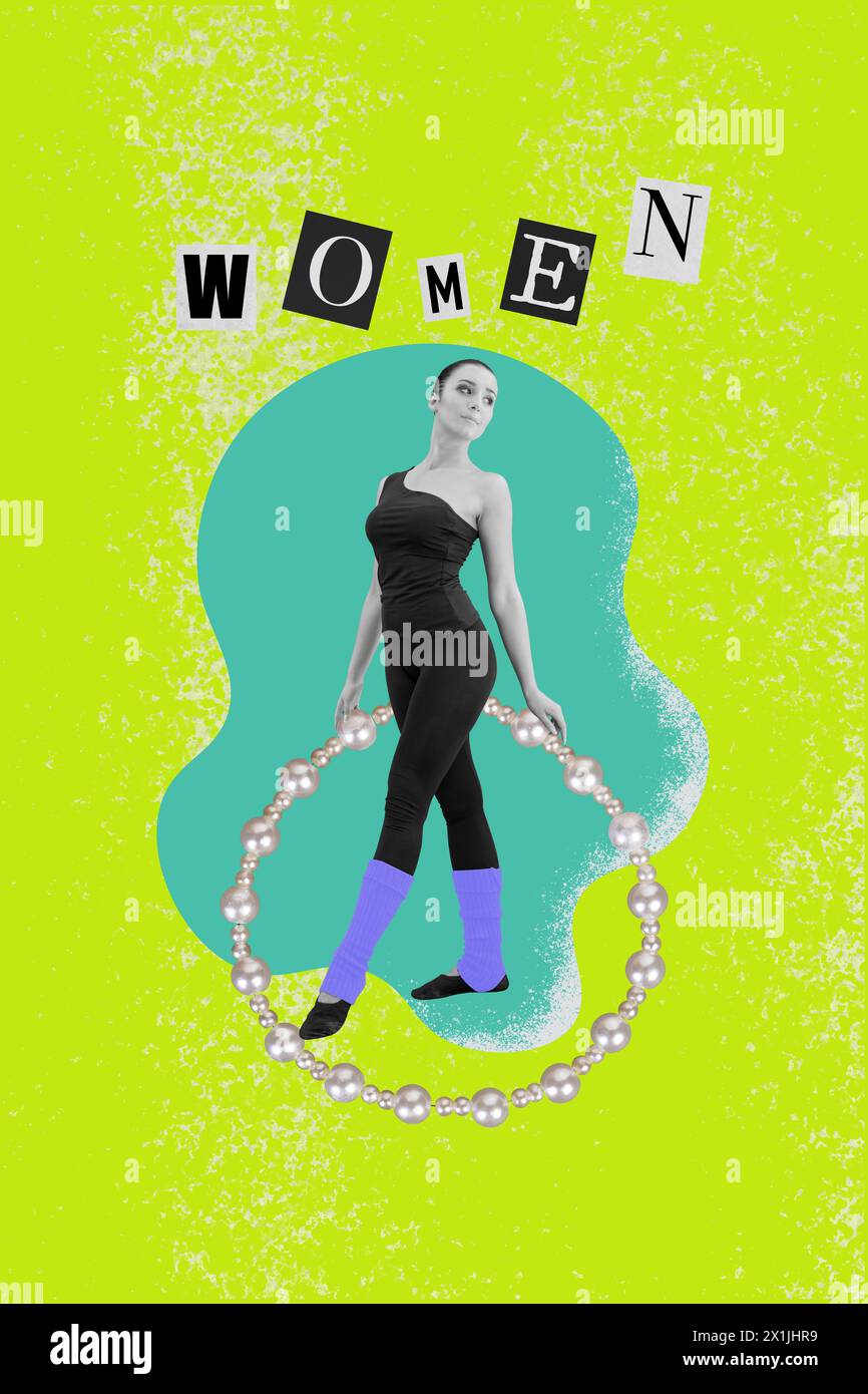Composite Trend Artwork Skizze Bild Foto Collage der schlanken Ballerina, die auf den Balustern steht, halten in der Hand hulahoop Frauen Wort Stockfoto