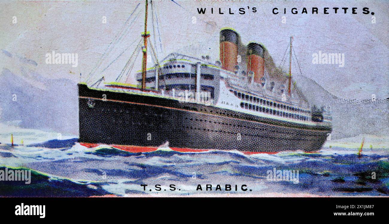 T.S.S. Arab, ein Doppelschneckendampfer der White Star Lines, der Passagierdienste von Mittelmeerhäfen nach Boston und New York durchführte. Eine von fünfzig Zigarettenkarten, die 1924 unter dem Titel Merchant Ships of the World hergestellt wurden. Produziert von W.D. und H.O. Wills aus Bristol und London, ein Teil der Imperial Tobacco Company of Great Britain and Ireland Limited. Stockfoto