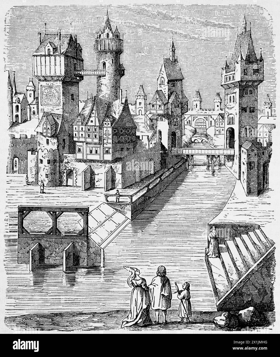 Typische mittelalterliche Stadt aus dem 14. Jahrhundert, Heiliges Deutsches Reich, Mittelalter, historische Illustration 1880 Stockfoto