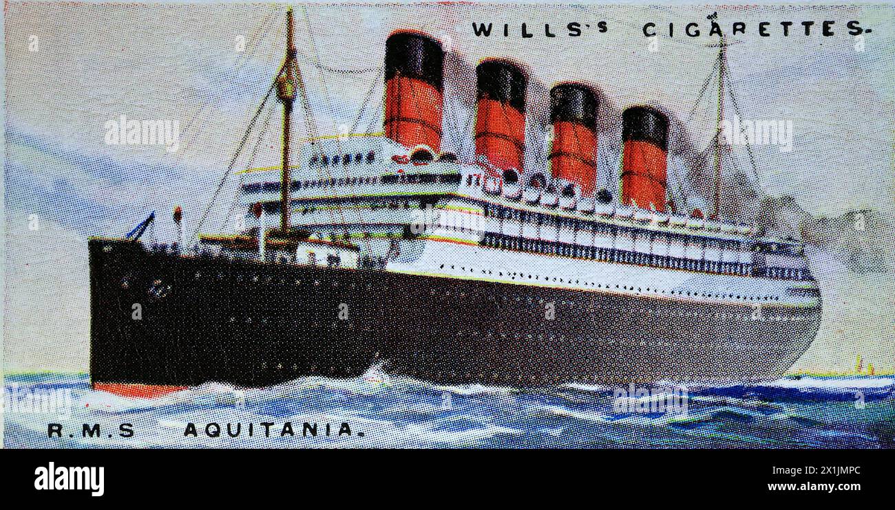 R.M.S. Aquitania der Cunard Line, ein transatlantisches Passagierschiff, das von Lord Northcliffe als Wunderschiff der Welt beschrieben wurde. Eine von fünfzig Zigarettenkarten, die 1924 unter dem Titel Merchant Ships of the World hergestellt wurden. Produziert von W.D. und H.O. Wills aus Bristol und London, ein Teil der Imperial Tobacco Company of Great Britain and Ireland Limited. Stockfoto