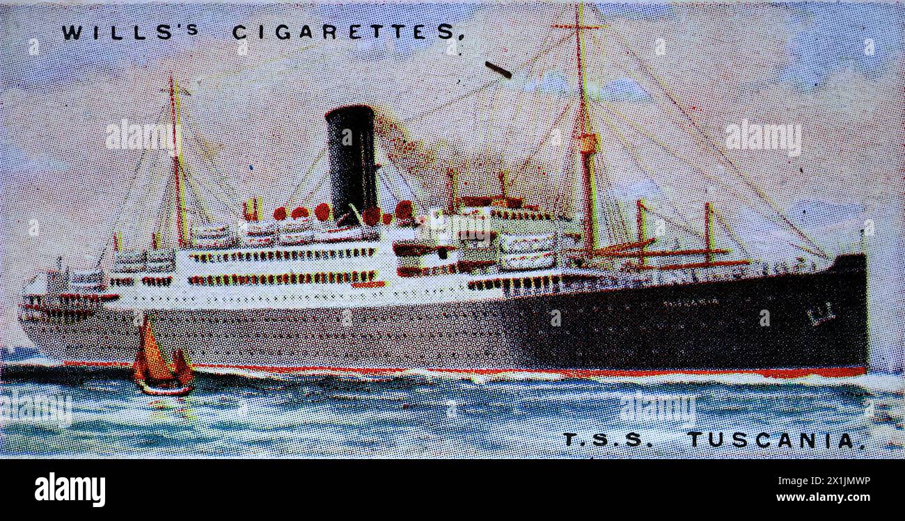 T.S.S. Tuscania der Anchor Line, die einen Personenverkehr zwischen Glasgow und New York betreibt. Eine von fünfzig Zigarettenkarten, die 1924 unter dem Titel Merchant Ships of the World hergestellt wurden. Produziert von W.D. und H.O. Wills aus Bristol und London, ein Teil der Imperial Tobacco Company of Great Britain and Ireland Limited. Stockfoto