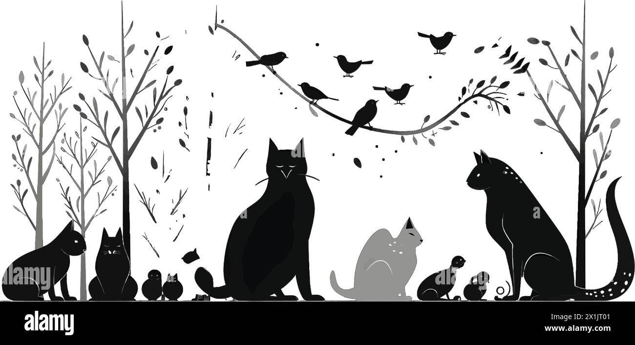 Vektordarstellung vieler Katzen und Vögel in schwarzer Silhouette vor einem reinen weißen Hintergrund, die anmutige Formen einfängt. Stock Vektor