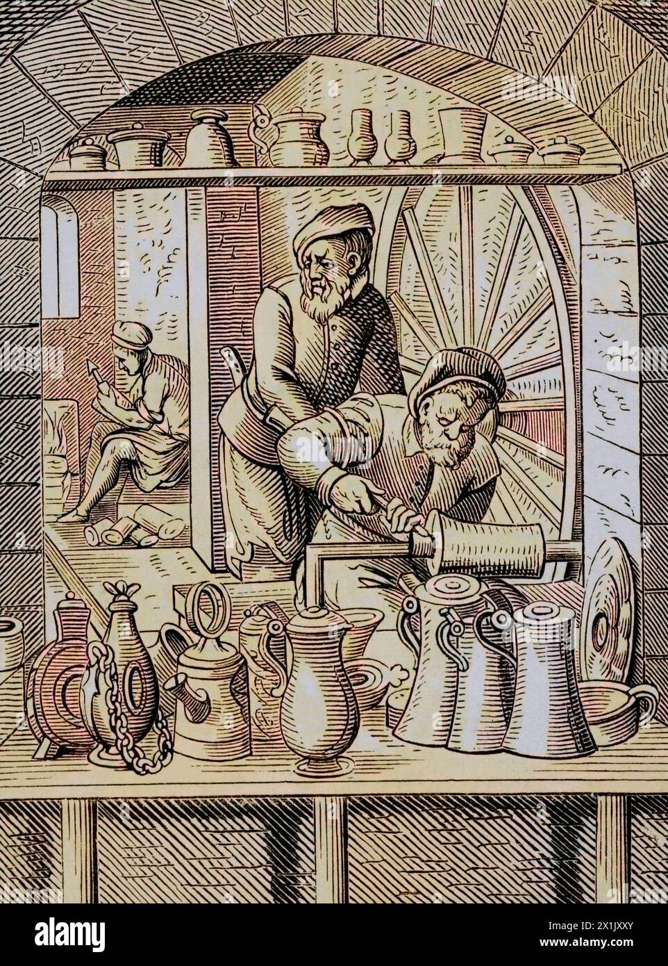 Blechhandwerker. Reproduktion eines Stiches aus dem 16. Jahrhundert von Jost Amman. Spätere Färbung. "Moeurs, usages et Kostüumes au moyen-âge et à l'époque de la Renaissance" von Paul Lacroix. Paris, 1878. Stockfoto