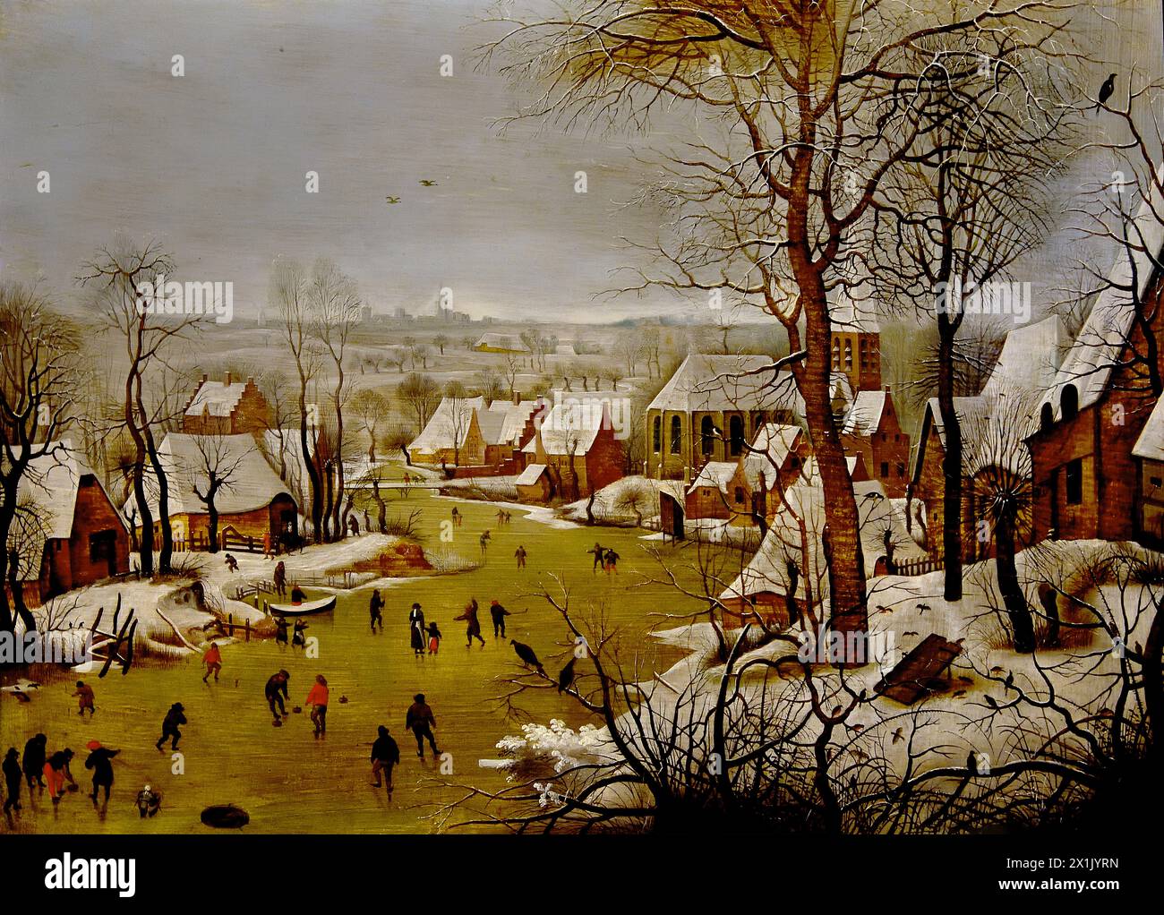 Winterlandschaft mit Vogelperspektive und der Flug nach Ägypten durch Pieter (II) Brueghel 1622 Museum Mayer van den Bergh, Antwerpen, Belgien, Belgien.(eine der ältesten Exemplare nach dem Original von Pieter Bruegel I, datiert 1565, in Brüssel, K.M.S.K. (ex-beauftragt Delporte). Ausnahmsweise ist diese Antwort eine Gruppe der flüchtigen H.Familie. Diese Zahlen fehlen auch im Original. In dem bedrohlichen Vogelgezwitscher wollten die Menschen eine Anspielung auf die Katastrophen sehen, die die spanische Herrschaft über die Niederlande gebracht hat. Stockfoto