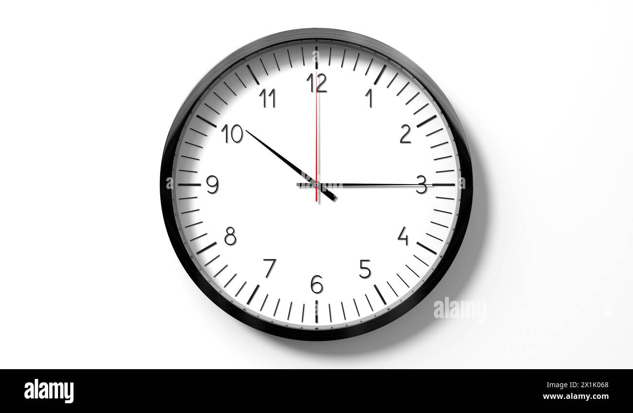 Zeit um Viertel nach 10 Uhr – klassische analoge Uhr auf weißem Hintergrund – 3D-Illustration Stockfoto