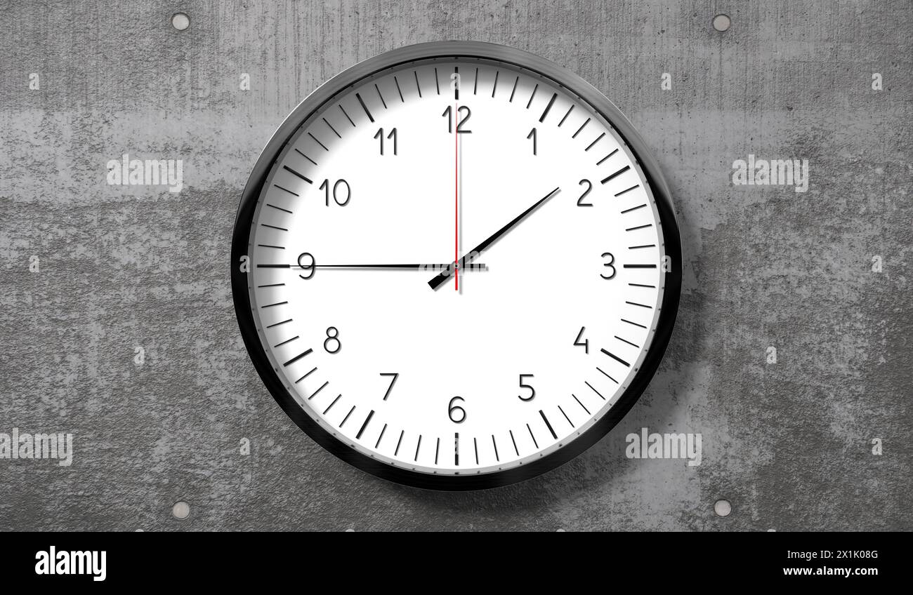 Zeit um Viertel- bis 2 Uhr - klassische analoge Uhr auf rauer Betonwand - 3D-Illustration Stockfoto