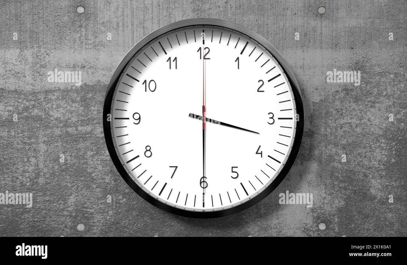 Zeit halb nach 3 Uhr - klassische analoge Uhr an rauer Betonwand - 3D-Illustration Stockfoto