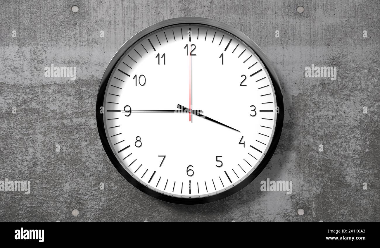 Zeit um Viertel bis 4 Uhr - klassische analoge Uhr an rauer Betonwand - 3D-Illustration Stockfoto