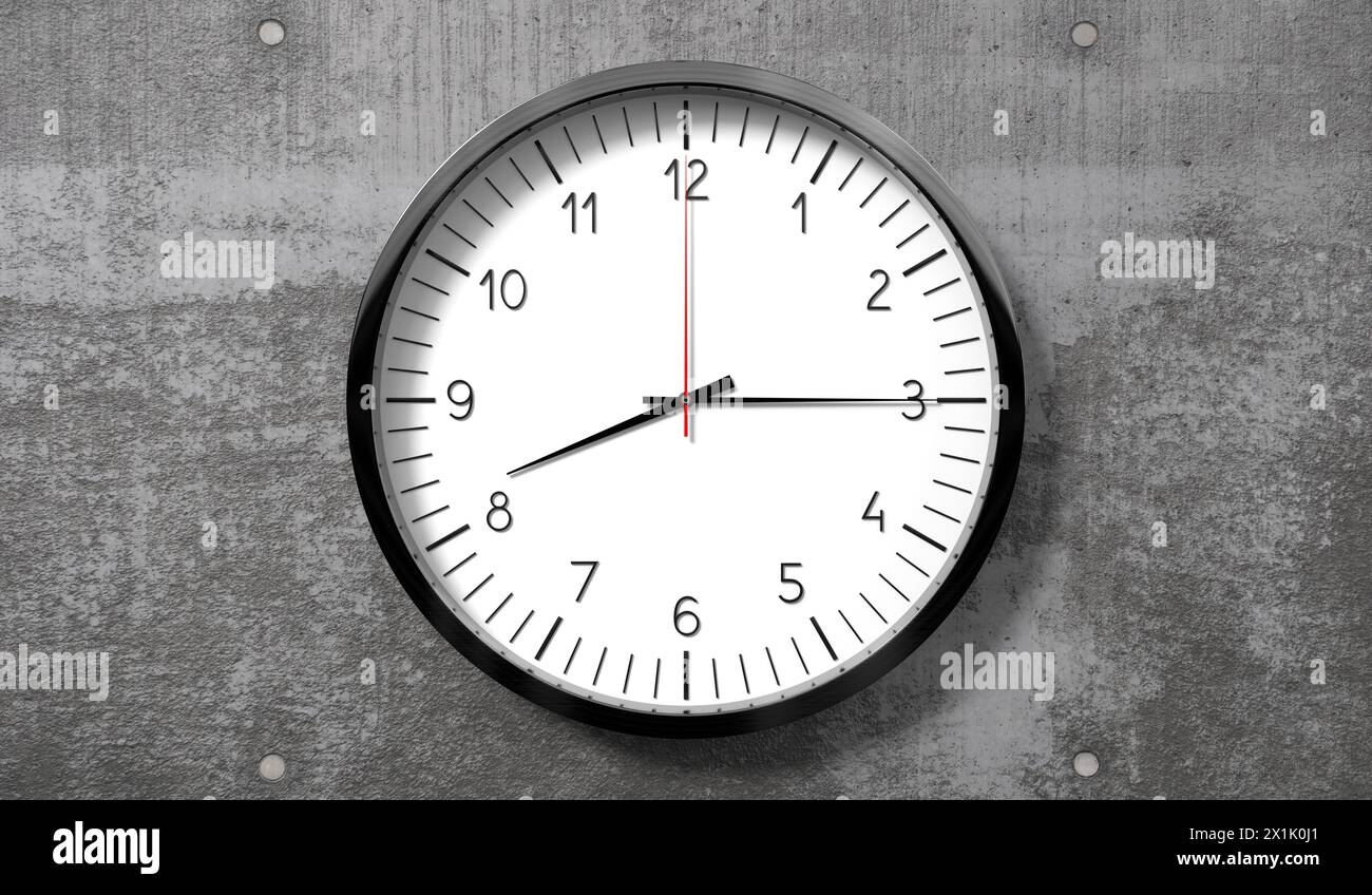 Zeit um Viertel nach 8 Uhr – klassische analoge Uhr auf rauer Betonwand – 3D-Illustration Stockfoto