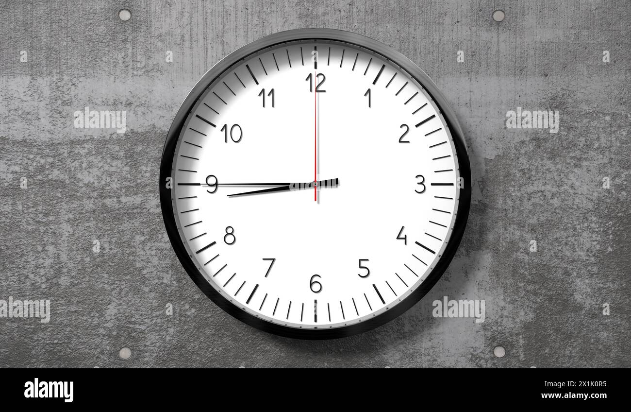 Zeit um Viertel bis 9 Uhr - klassische analoge Uhr auf rauer Betonwand - 3D-Illustration Stockfoto