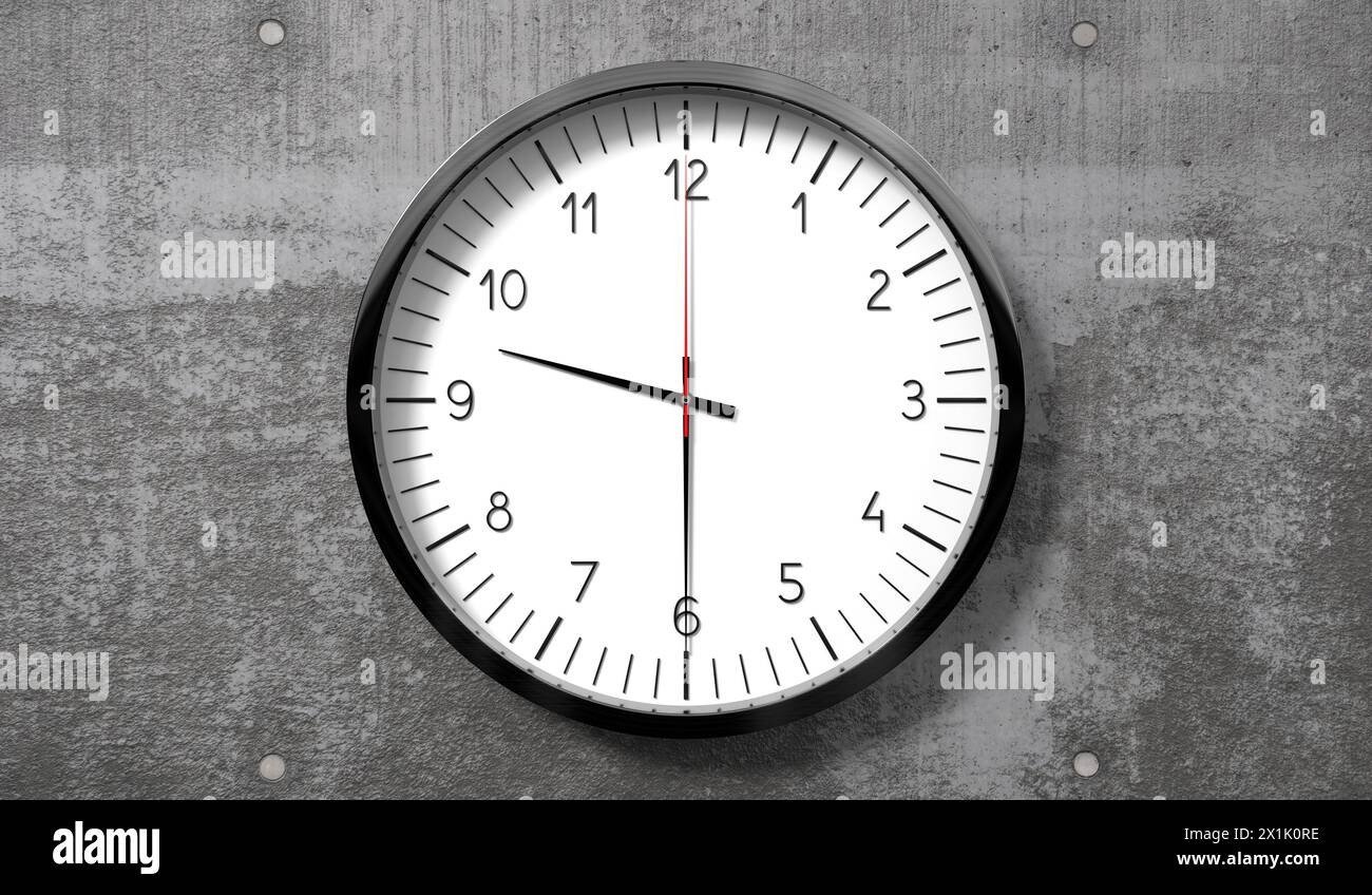 Zeit halb nach 9 Uhr - klassische analoge Uhr an rauer Betonwand - 3D-Illustration Stockfoto