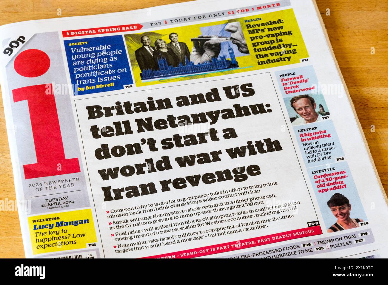 16. April 2024. Die Schlagzeile in der Zeitung i lautet: Großbritannien und die USA erzählen Netanjahu: Beginnen Sie keinen Weltkrieg mit der Rache des Iran. Stockfoto