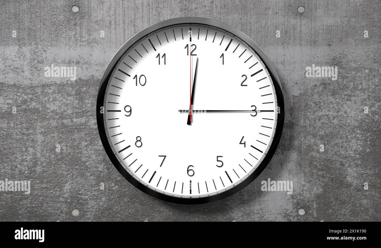Zeit um Viertel nach 12 Uhr – klassische analoge Uhr auf rauer Betonwand – 3D-Illustration Stockfoto