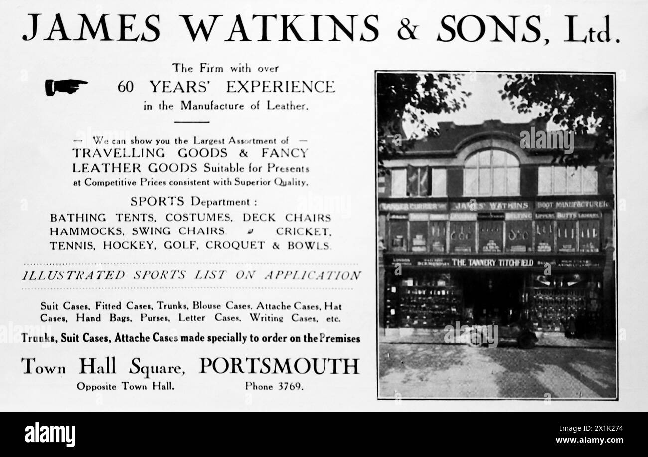 Werbung für James Watkins and Sons Ltd am Town Hall Square, Portsmouth. Mit sechzig Jahren Erfahrung in der Herstellung von Lederwaren. Abgebildet mit einem Foto der Ladenfront. Ursprünglich gedruckt und veröffentlicht für die Portsmouth and Southsea Improvement Association, 1924. Stockfoto