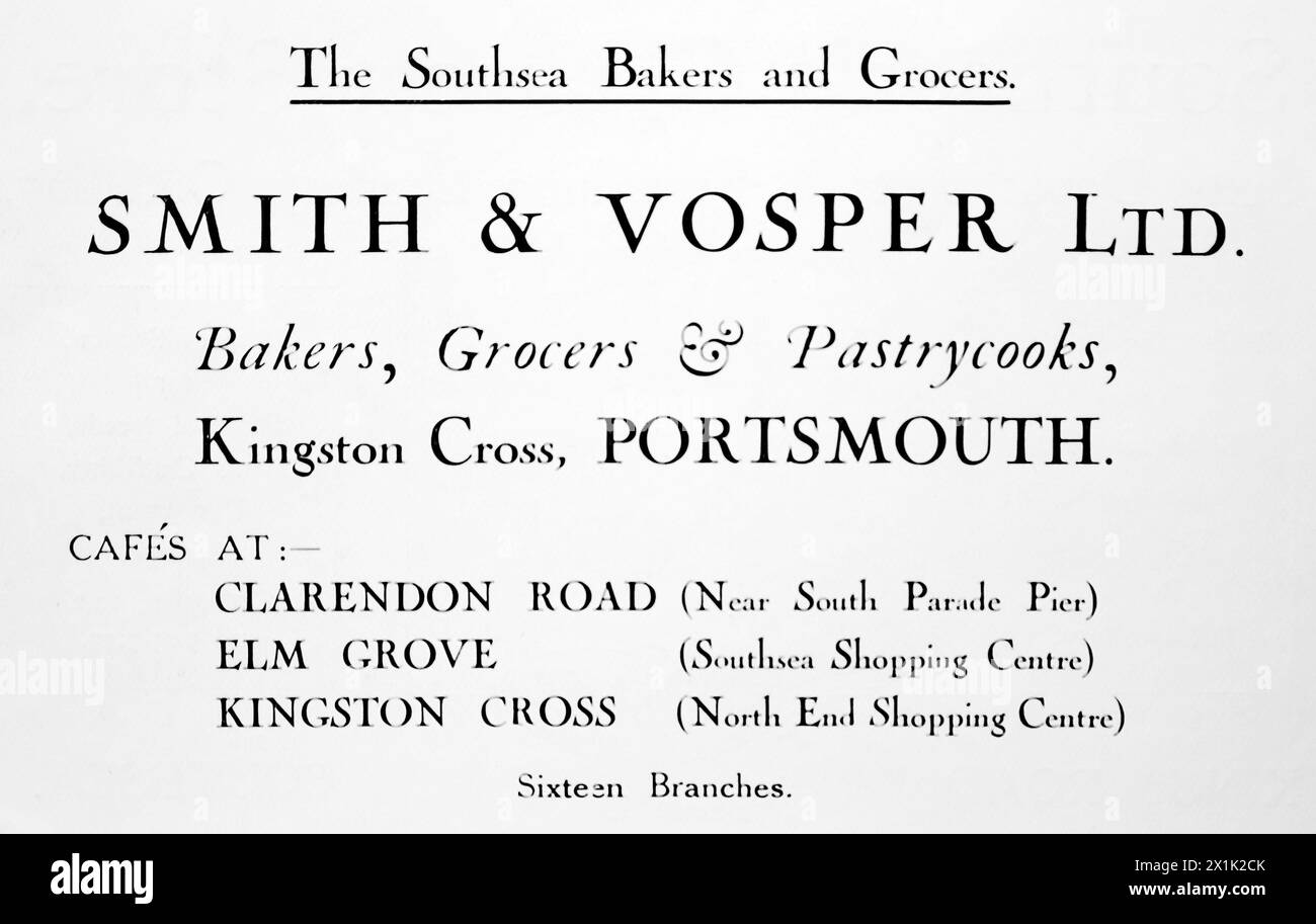 Werbung für Smith and Vosper Ltd, Clarendon Road und Elm Grove, beide in Southsea, und Kingston Cross im North End Shopping Centre. Bäcker, Lebensmittelhändler und Konditoreien. Ursprünglich gedruckt und veröffentlicht für die Portsmouth and Southsea Improvement Association, 1924. Stockfoto