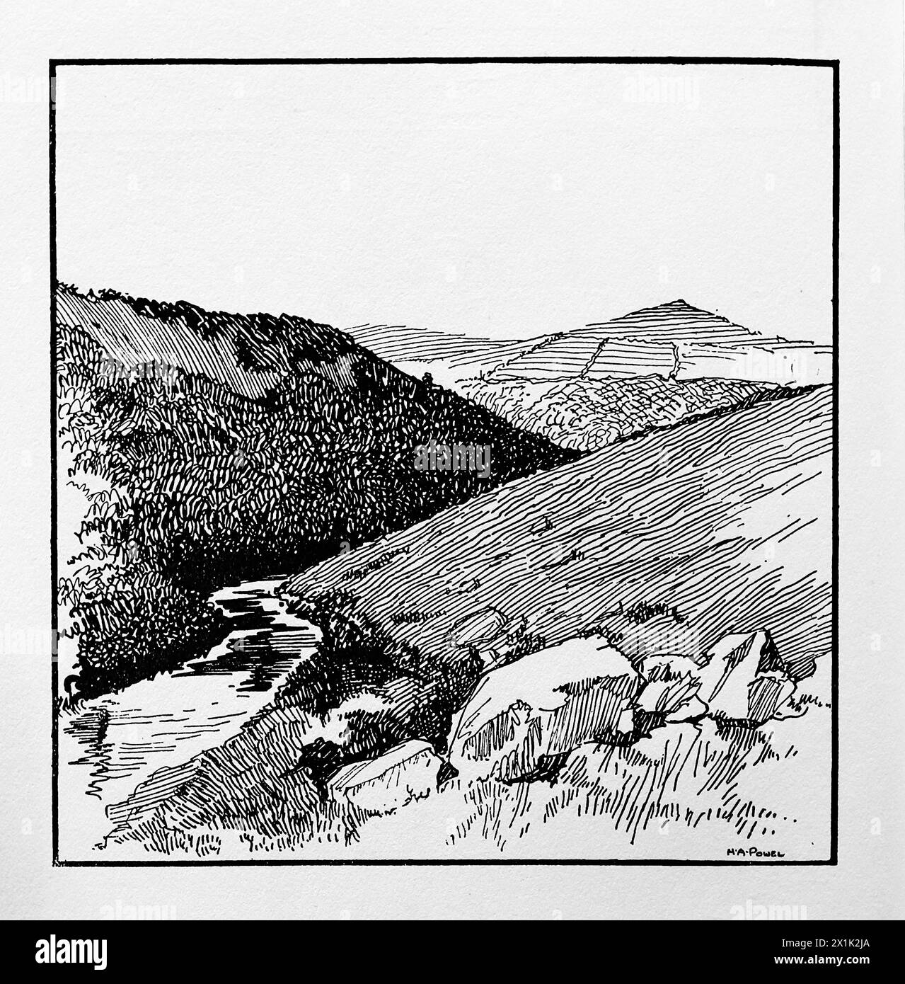 Dartmoor, eine Landschaft von H. A. Powell. Aus einer Reihe von Illustrationen der englischen Landschaft, die erstmals 1924 von Great Western Railways veröffentlicht wurden. Stockfoto