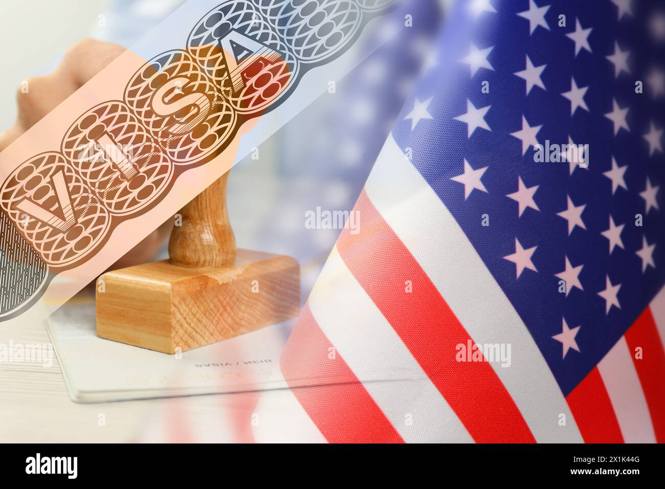 Visum in die Vereinigten Staaten von Amerika, Mehrfachexposition mit US-Flagge Stockfoto