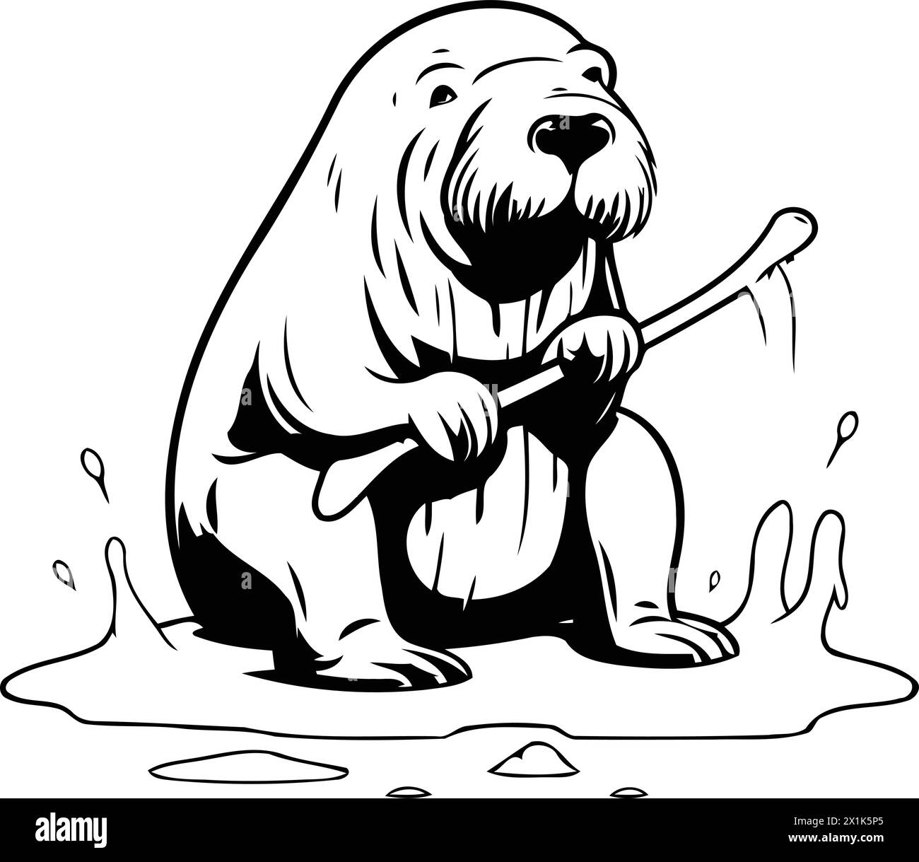 Vektor-Illustration eines Braunbären, der auf einer Eisscholle sitzt und einen Stock hält Stock Vektor