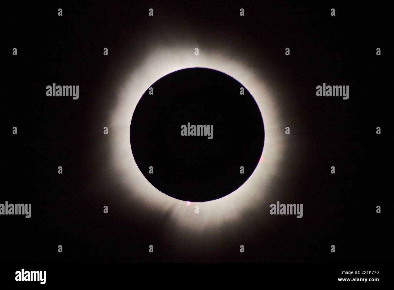 Totale Sonnenfinsternis mit strahlender Corona und Prominenzen Stockfoto