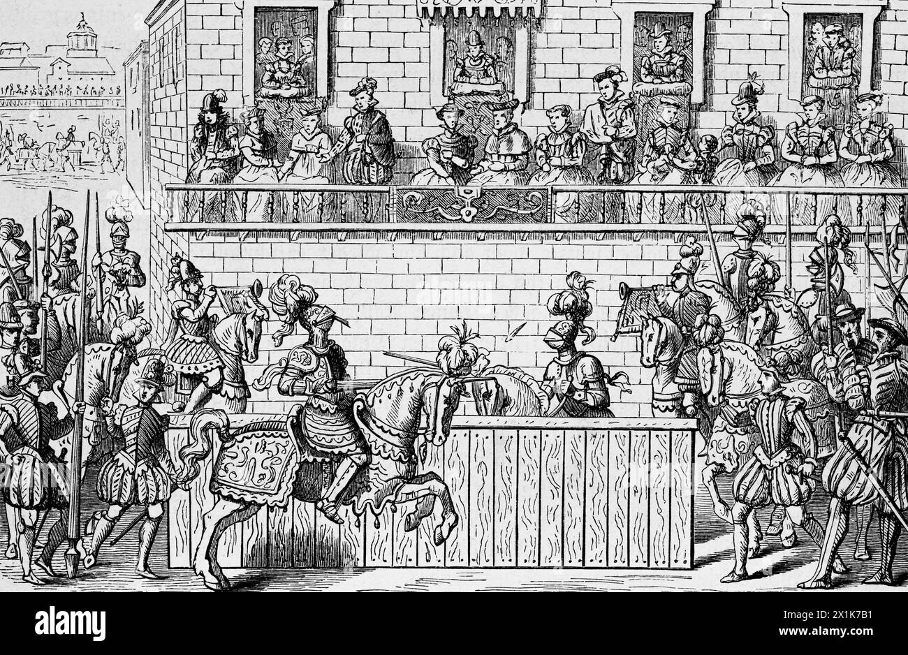 Schauplatz eines mittelalterlichen Turniers im 16. Jahrhundert, historische Illustration 1880 Stockfoto