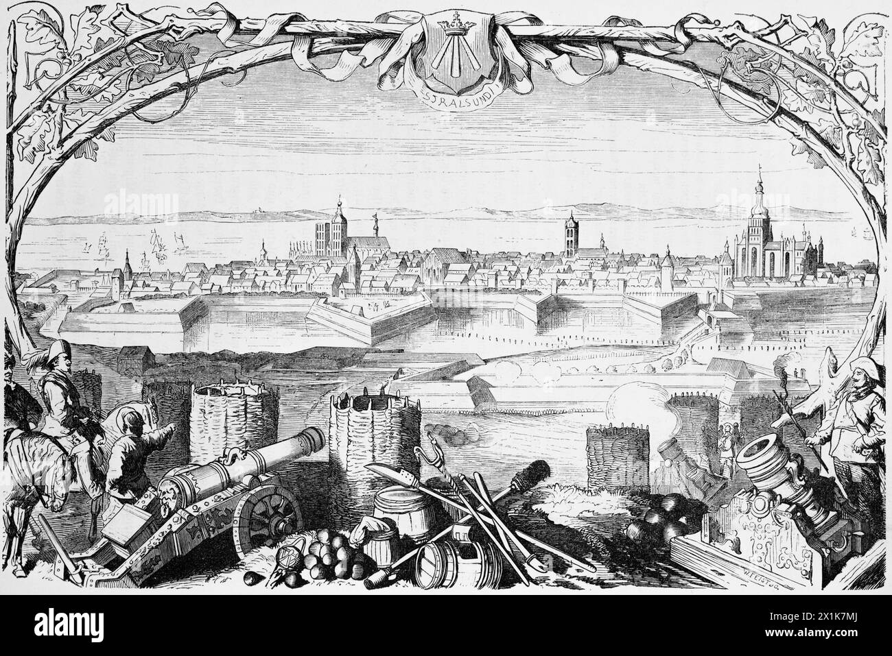 Stadtbild des befestigten Stralsunds an der Ostsee im 17. Jahrhundert, schwedische Belagerung, Preußen, historische Illustration 1880 Stockfoto