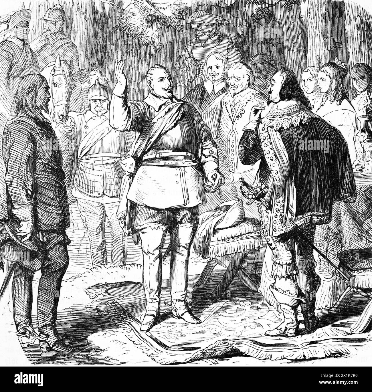 Der schwedische König Gustav Adolf traf Georg Wilhelm Kurfürst von Sachsen am 3. Mai 1631, historische Illustration 1880 Stockfoto