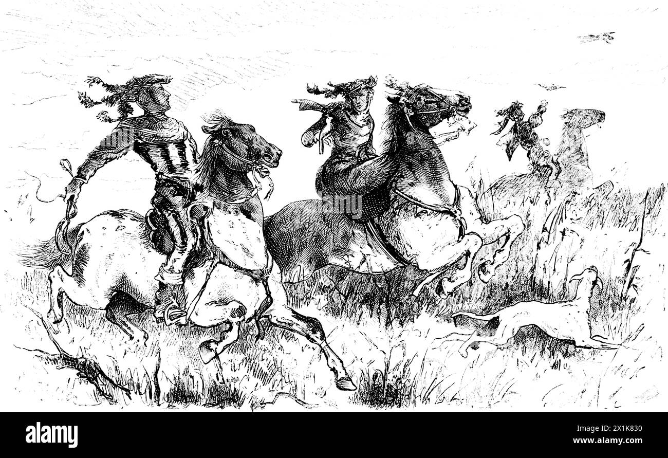 Eine wilde Jagd auf Pferd mit einem Hund, Jagd auf Reiher, historische Illustration 1880 Stockfoto