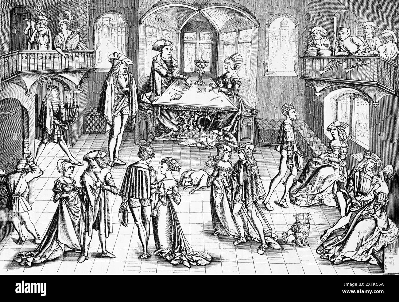 Patriziergesellschaft im 16. Jahrhundert, historische Illustration 1880, Stockfoto