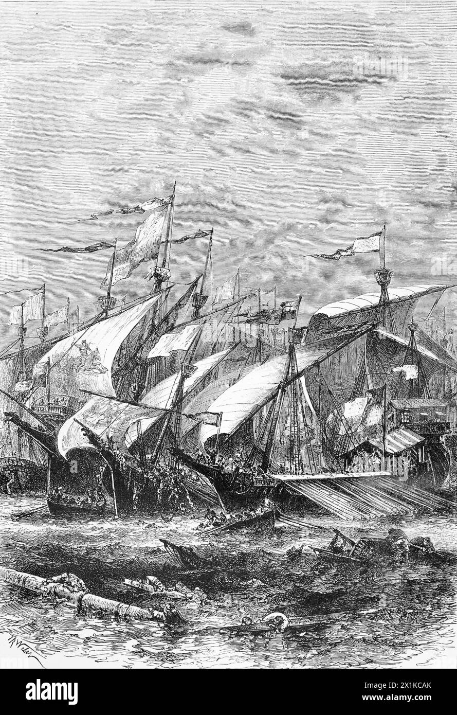Die hanseflotte taucht an der feindlichen Küste auf, historische Abbildung 1880 Stockfoto