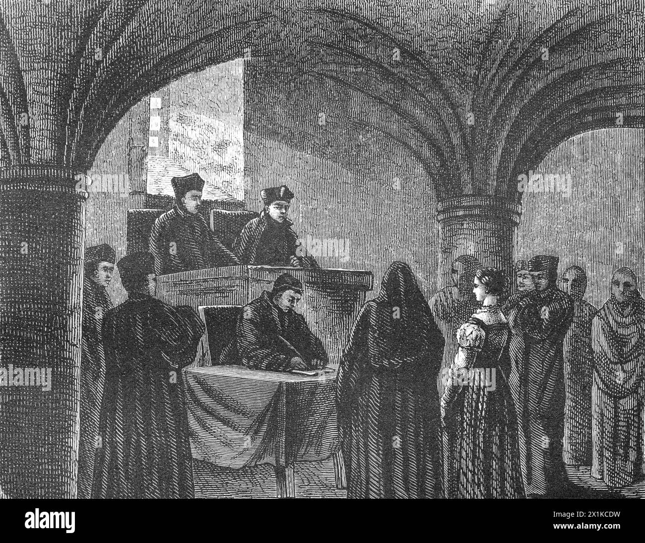 Unangenehme Befragung einer Frau, Richter am Gericht, Kurfürstentum Brandenburg, historische Illustration 1880 Stockfoto