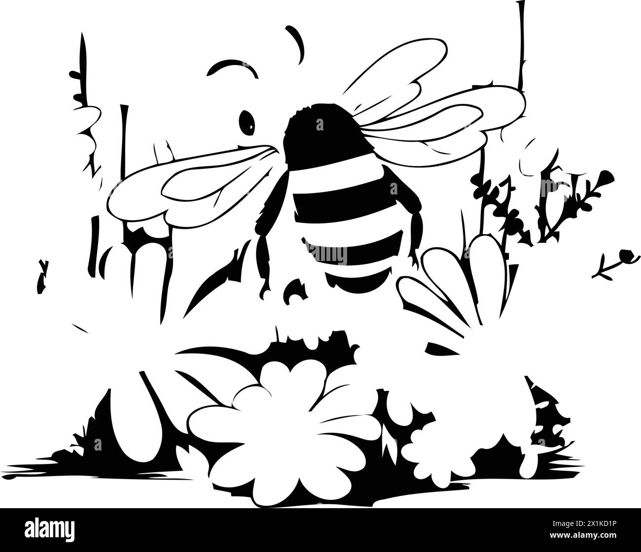 Biene mit Blumen. Vektorillustration auf weißem Hintergrund. Zeichentrickstil. Stock Vektor