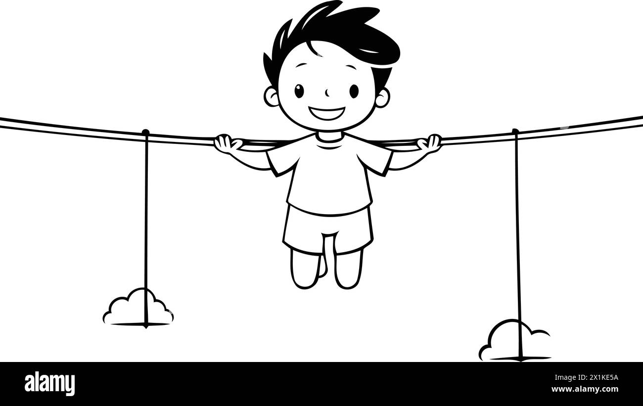 Süßer kleiner Junge, der am Seil hängt. Vektor-Zeichentrick-Illustration. Stock Vektor