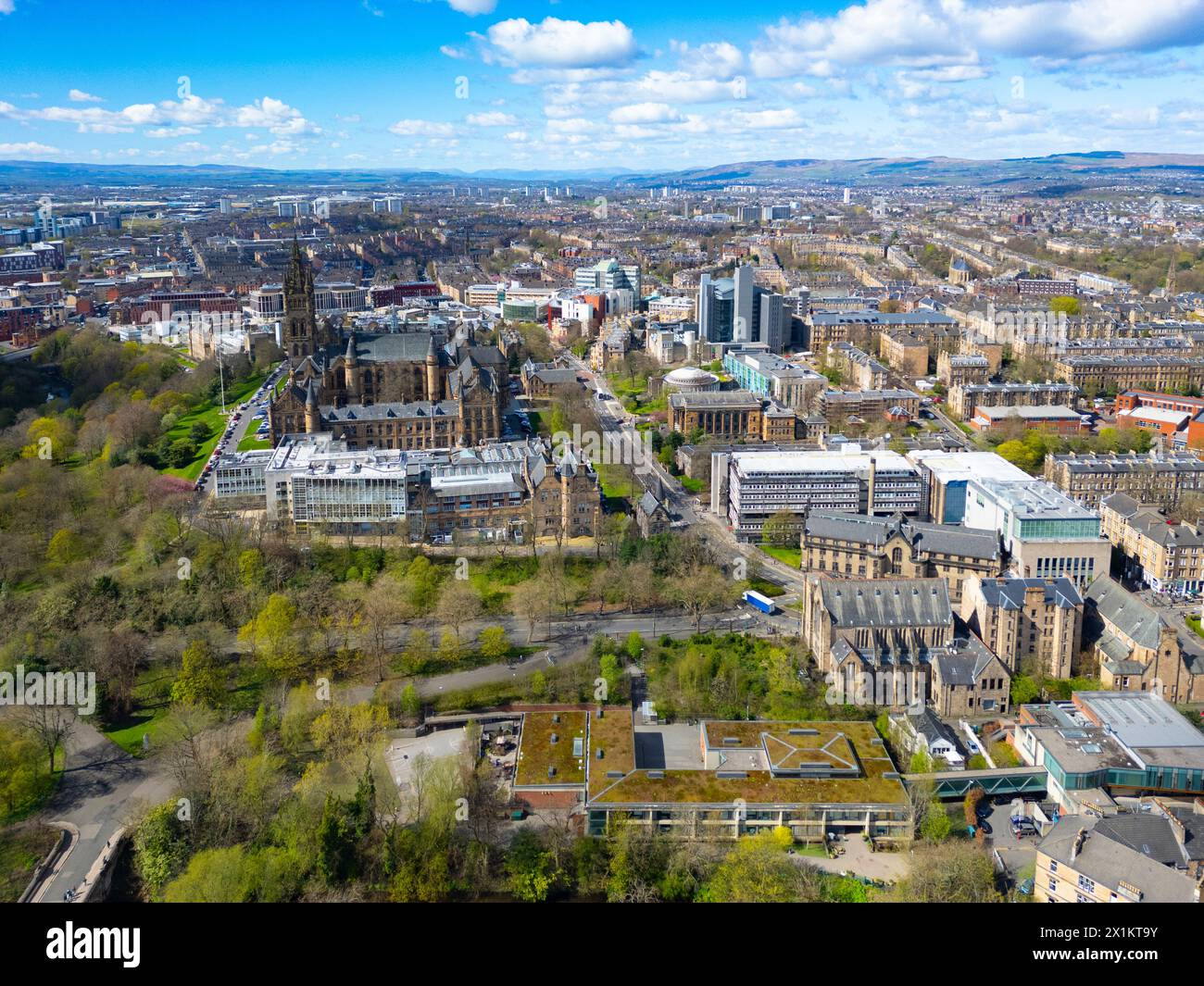 Luftaufnahme des Campus der Glasgow University in Glasgow West End, Schottland, Großbritannien Stockfoto