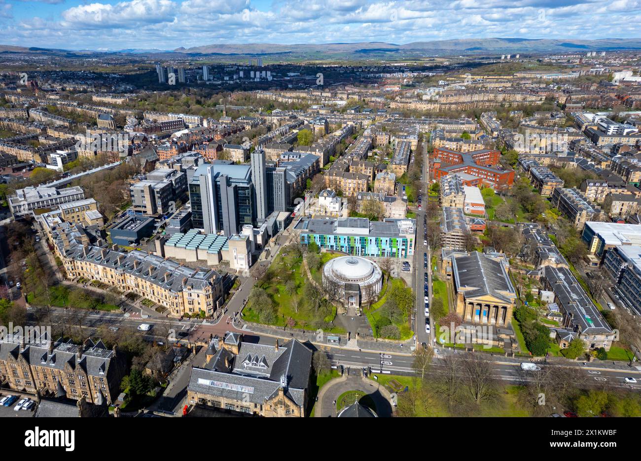 Aus der Vogelperspektive des Glasgow University Campus in Gilmorehill im West End von Glasgow, Schottland, Großbritannien Stockfoto