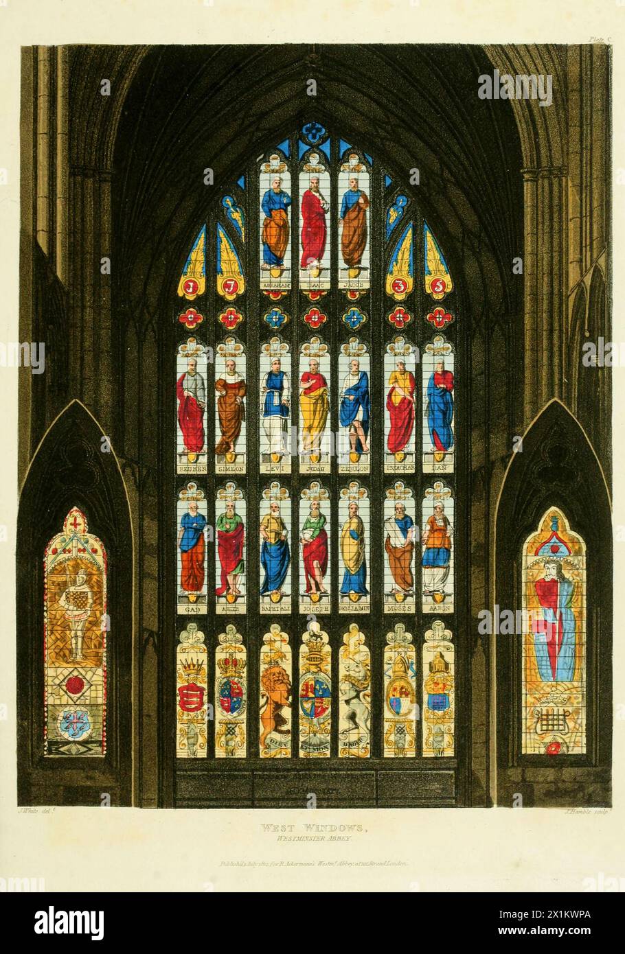 Vintage-Kunst Die Buntglasfenster der Westminster Abbey. Veröffentlicht von R.Ackermann 1812 Stockfoto