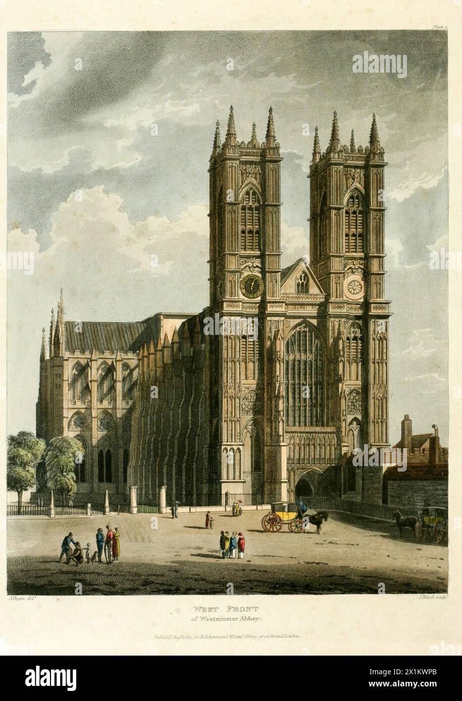 Vintage-Kunst Äußere Westfront der Westminster Abbey. Veröffentlicht von R.Ackermann 1812 Stockfoto