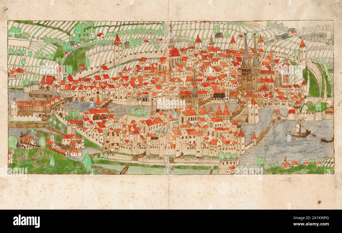 Vintage-Kunstdarstellung der Stadt Zürich, Schweiz. Zeichnung von Johannes Stumpf, 1535. Manuskriptkarte: Mehrfarbig, Tinte und Aquarell. Quelle: Zentralbibliothek Zürich, Stockfoto