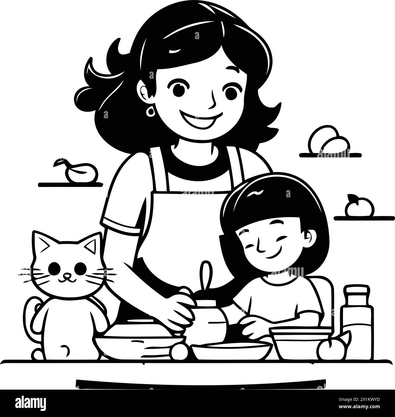 Mutter und Sohn kochen zusammen. Vektorillustration im Cartoon-Stil. Stock Vektor