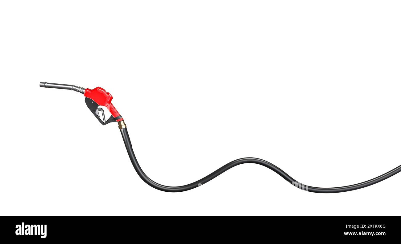 Rote und schwarze Kraftstoffpumpendüse mit einem Wickelschlauch, isoliert auf weißem Hintergrund. 3D-Rendering Stockfoto