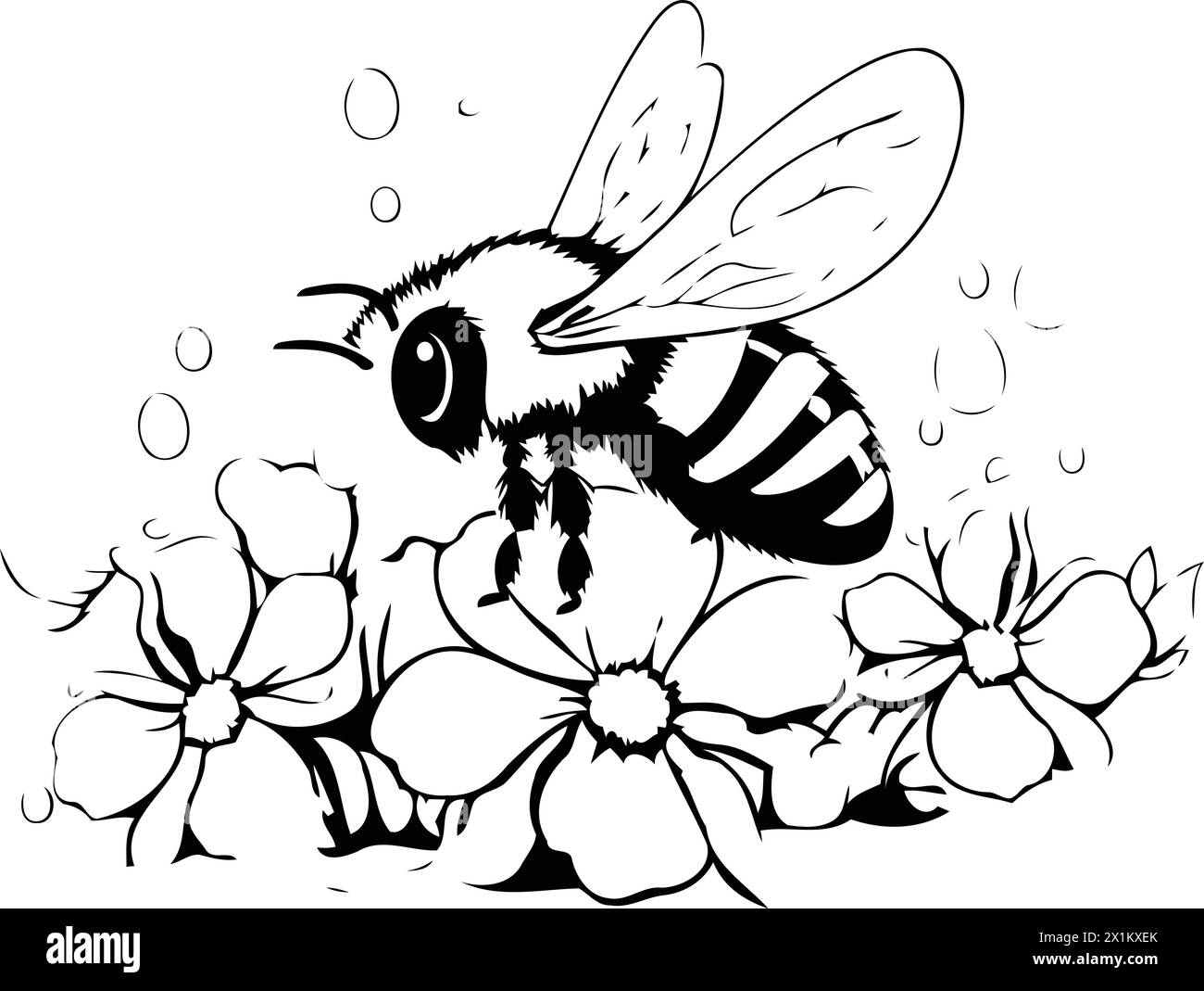 Bienen und Blumen. Vektorabbildung. Isoliert auf weißem Hintergrund. Stock Vektor