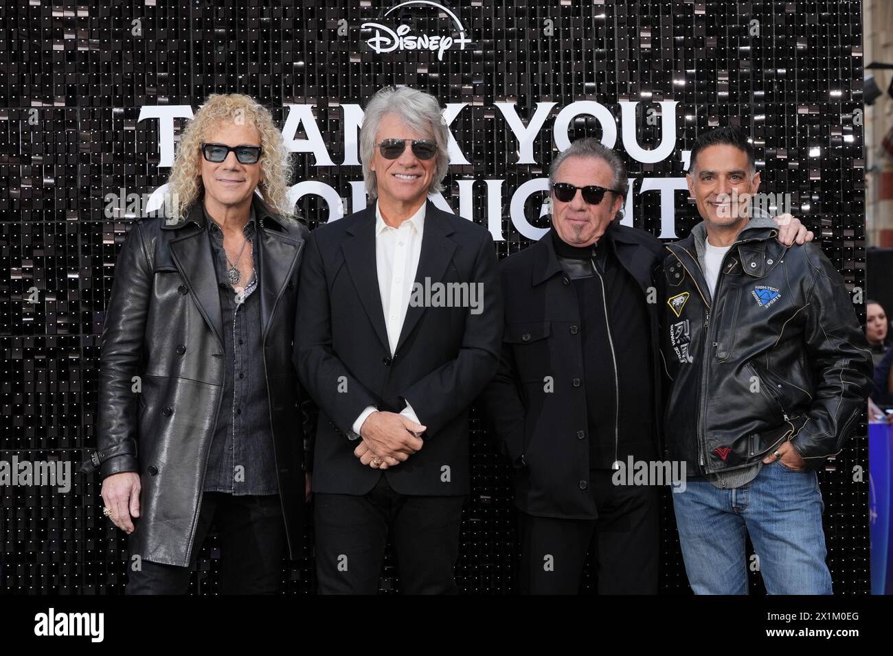 (Von links nach rechts) David Bryan, Jon Bon Jovi, Tico Torres und Gotham Chopra nehmen an der britischen Premiere der Disney+-Serie Thank You, Goodnight: The Bon Jovi Story im Odeon Luxe, Leicester Square, London, Teil. Bilddatum: Mittwoch, 17. April 2024. Stockfoto