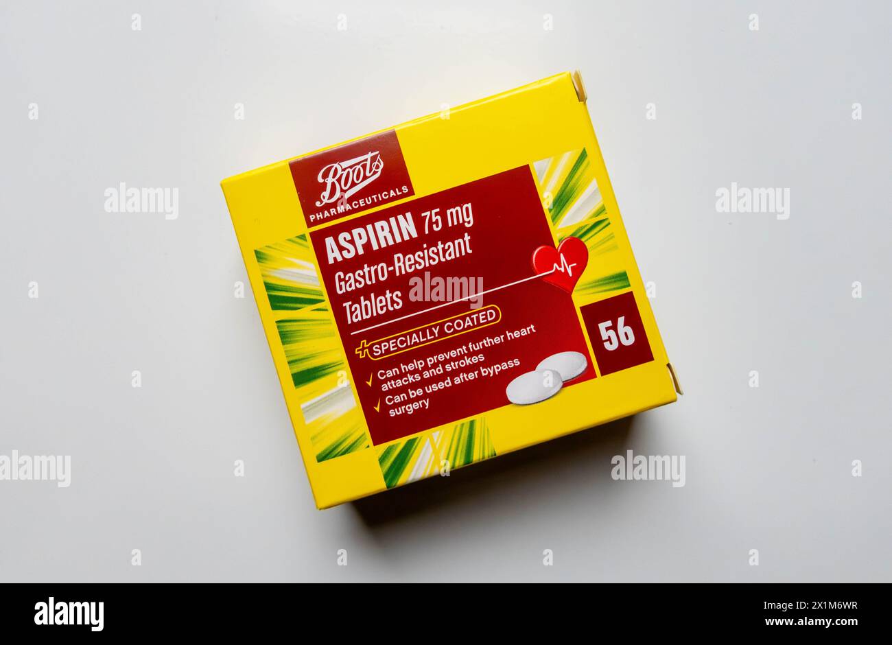 Medikation -- Packung mit 75 mg niedrig dosiertem Aspirin Stockfoto