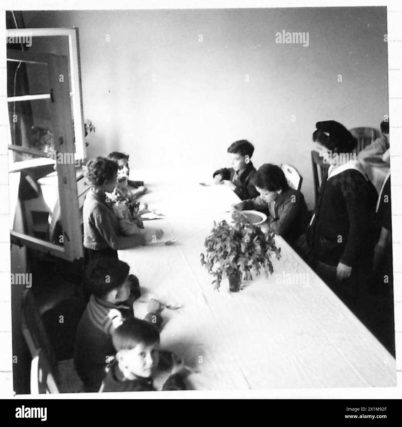 Polnische, niederländische, französische und ungarische Kinder essen nach der Befreiung im April 1945 in sauberen Speisesälen in Bergen-Belsen, wobei Lager Nr. 2 als Krankenhaus und Evakuierungszentrum diente. Stockfoto